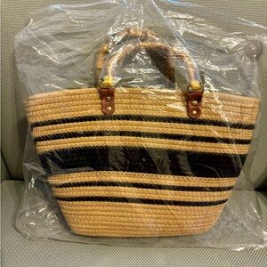 Striped Tan and Black Woven Tote Bag